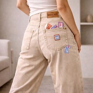 Bugle Boy Vintage 90s High Rise Jeans Tan Beige Novelty Back Pocket Detail Rare